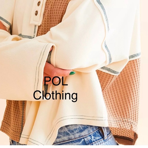 BP30🤎🤍NEW! POL playtime in cutest tan+cream spliced color block top!gr8 day2date - Picture 3 of 9